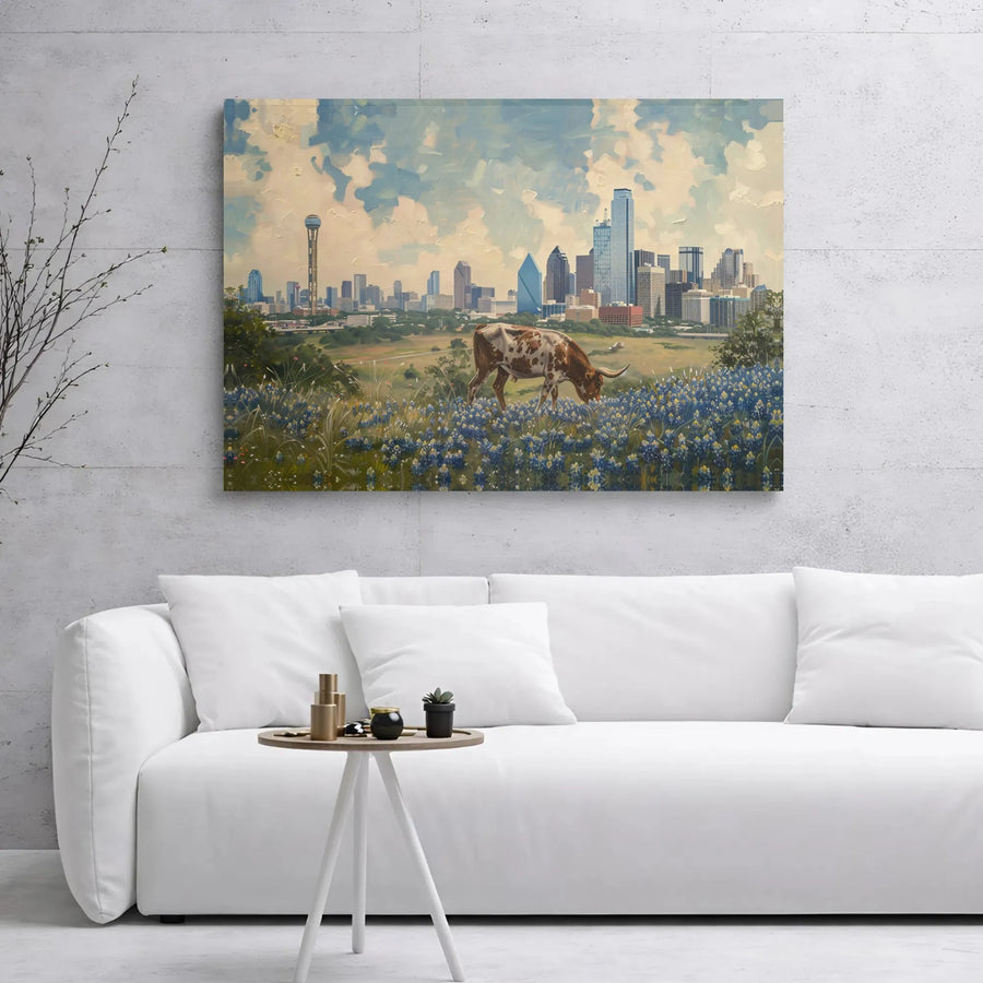Dallas Skyline Canvas Print | Texas Longhorn In Bluebonnets | Premium Gallery Wrapped Wall Art | Large Texas Home Decor For Living Room