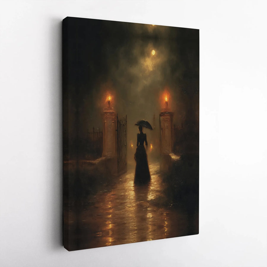 Gothic Victorian Wall Art | Moody Rainy Night Landscape Canvas | Premium Gallery Wrap Decor | Dark Academia Aesthetic Gift for Her