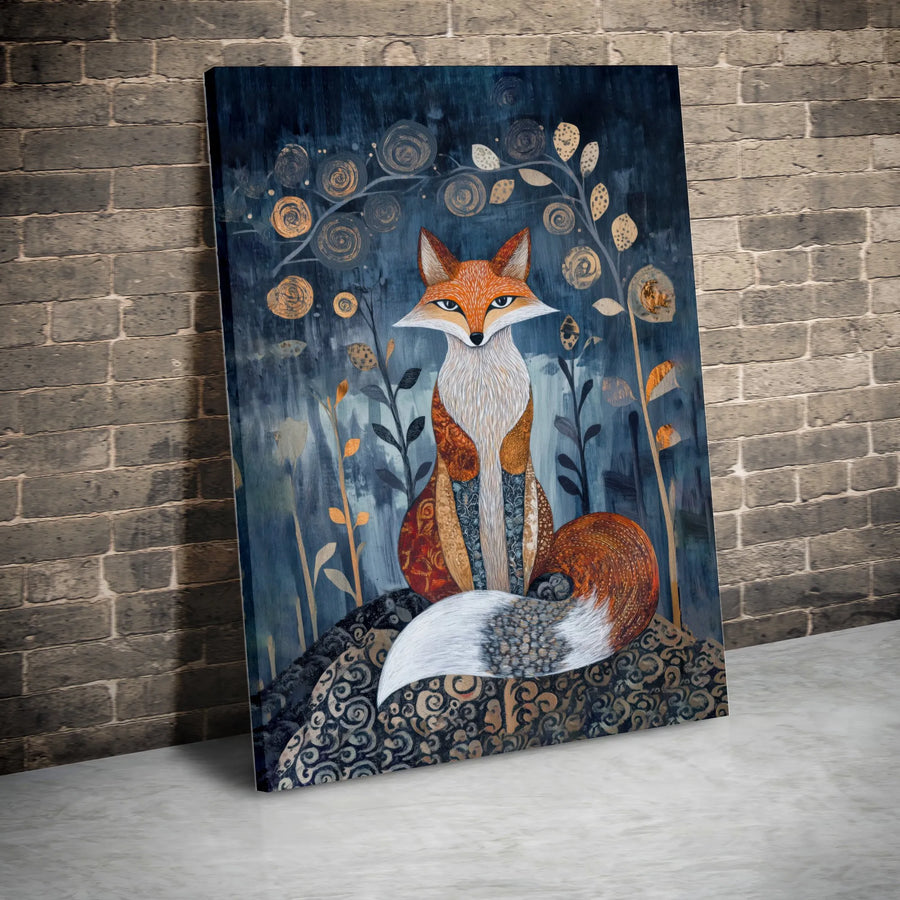 Fox Canvas Wall Art | Whimsical Night Forest Patchwork Design | Premium Gallery-Wrapped Print | Woodland Animal Home Decor Gift