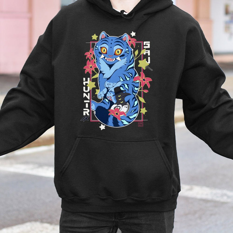 Anime Tiger Hoodie | Blue Demon Cat Graphic Art | Premium Cotton Blend Streetwear | Gift for Manga and Fantasy Lovers