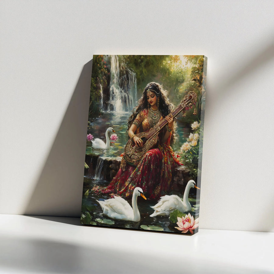 Goddess Saraswati Vertical Canvas | Indian Deity Art with Swans & Waterfall | Premium High-Resolution Print | Spiritual Wall Art Gift for Home