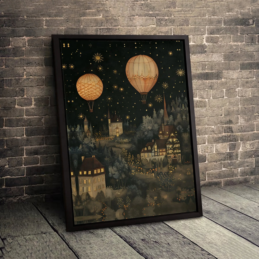 Magical Night Village Canvas Print | Hot Air Balloons And Stars Wall Art | Gallery Wrapped Premium Decor | Whimsical Fairy Tale Home Decor