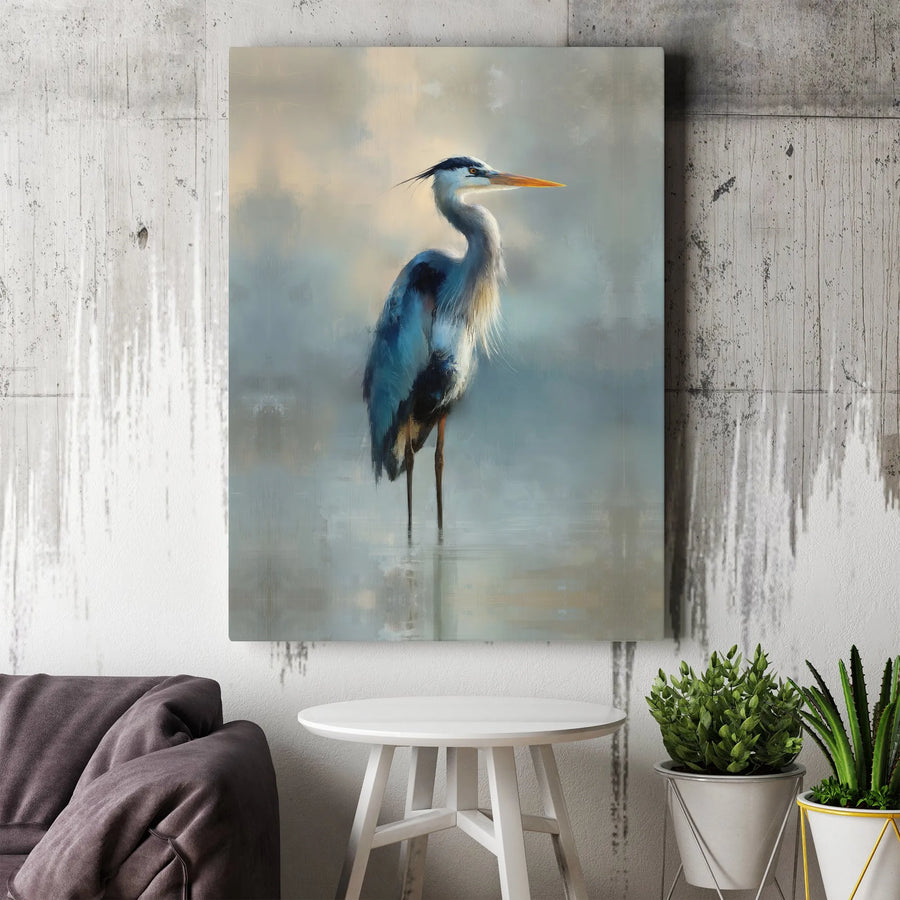 Great Blue Heron Canvas Wall Art | Misty Coastal Bird Painting | Premium Gallery Wrap Canvas | Nautical Home Decor Gift for Bird Lovers