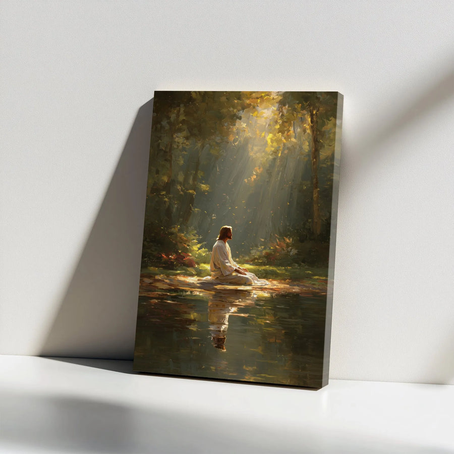Jesus Christ Vertical Canvas | Meditating in Serene Forest Painting | Premium 1.25" Thick Gallery Canvas | Christian Home Decor Gift for Family