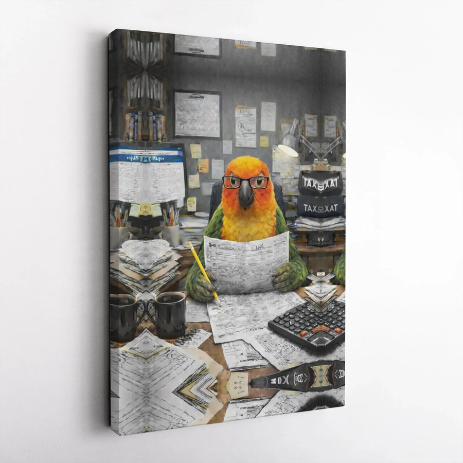 Funny Parrot Accountant Canvas Wall Art | Humorous Bird Doing Taxes Office Decor | Premium Framed Canvas | Gift for Accountant CPA