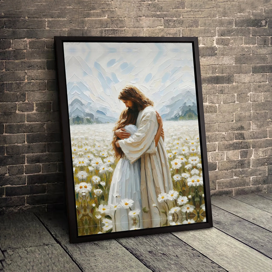 Jesus Hugging Woman Canvas | Impressionist Daisy Field Art | Gallery Quality 1.25 Inch Wrap | Christian Home Decor Gift