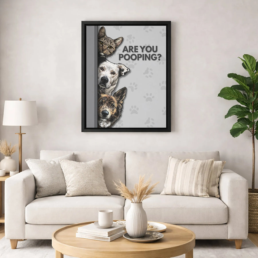 Are You Pooping Funny Bathroom Wall Art | Peeking Cat and Dog Canvas Print | 1.25" Premium Gallery Wrap | Humorous Pet Lover Home Decor Gift