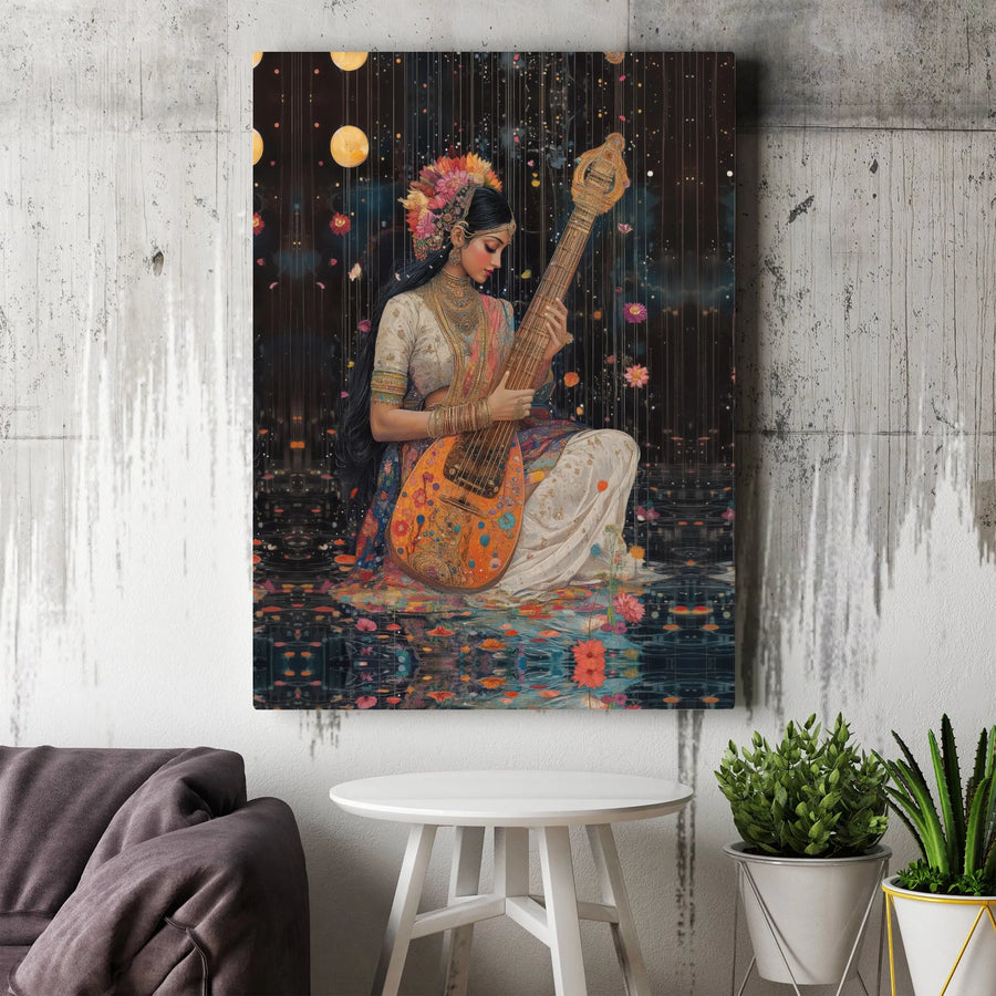 Saraswati Veena Canvas Wall Art | Goddess of Music Celestial Pond Print | Premium Gallery Wrapped Canvas | Spiritual Home Decor Gift for Music Lovers