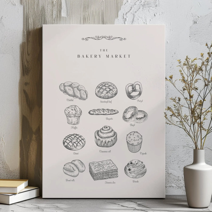 Bakery Market Wall Art | Vintage Bread Sketch Chart | Premium Gallery Wrapped Canvas | Kitchen Decor Gift for Bakers