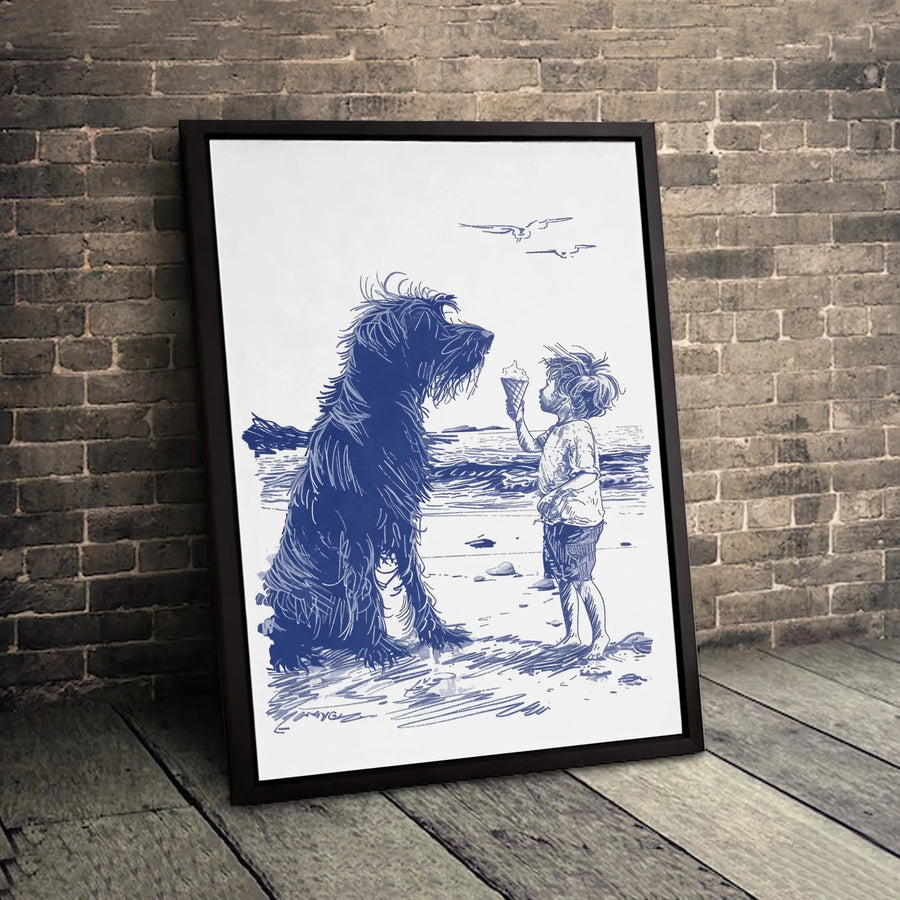 Boy and Dog Beach Canvas Wall Art | Nautical Sketch Sharing Ice Cream | Premium Gallery Wrapped Print | Heartwarming Nursery or Living Room Decor