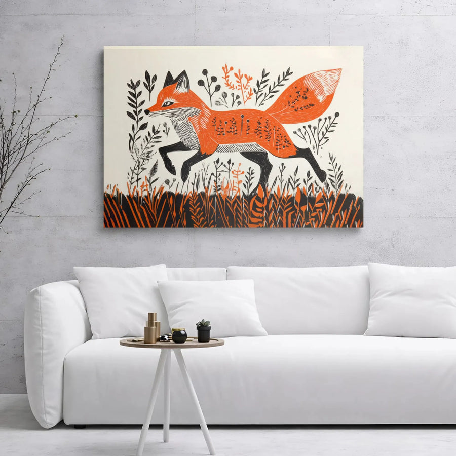 Fox Canvas Wall Art | Mid-Century Linocut Style Nature Print | Premium Gallery Wrap 1.25" Frame | Woodland Home Decor Gift