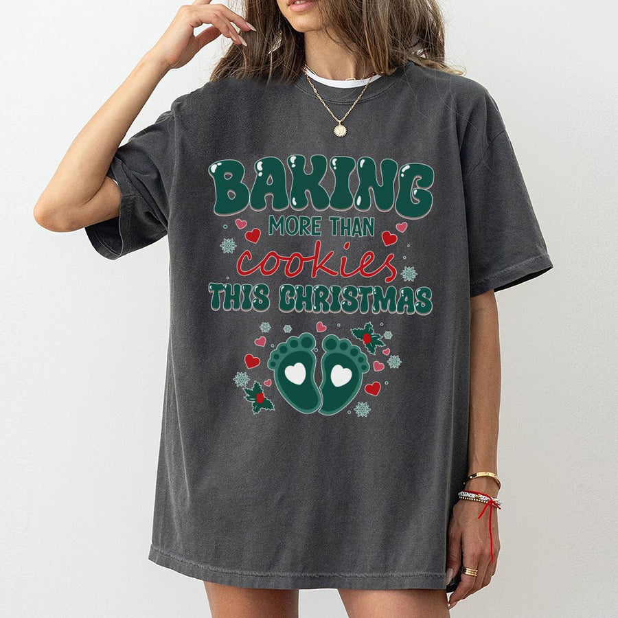 Baking More Than Cookies Pregnancy Announcement T-Shirt | Funny Holiday Baby Reveal Design | Premium Soft Cotton | Christmas Gift For New Mom Expecting