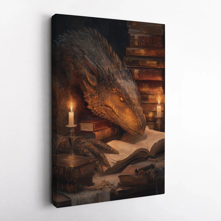 Dragon Reading Book Canvas Print | Candlelit Library Fantasy Wall Art | 1.25 Inch Gallery Wrap | Unique Gift for Bookworm and Fantasy Lover