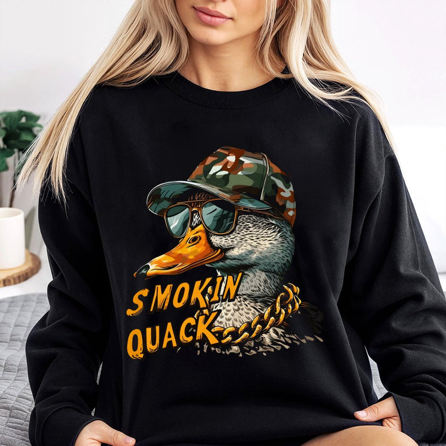 Smokin Quack Duck Sweatshirt | Funny Urban Camo Hat Design | Premium Cotton Blend | Quirky Gift for Duck Hunters and Bird Lovers