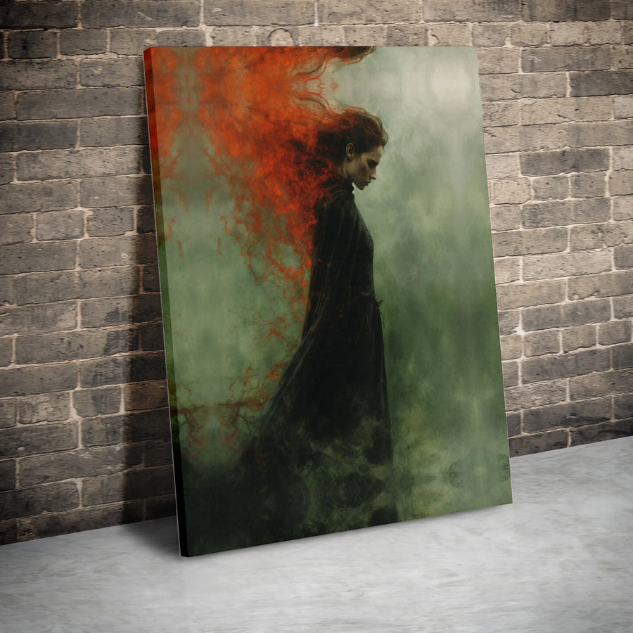 Dark Fantasy Wall Art | Gothic Woman With Fiery Red Hair | Premium Gallery Wrapped Canvas | Moody Surreal Decor Gift for Home