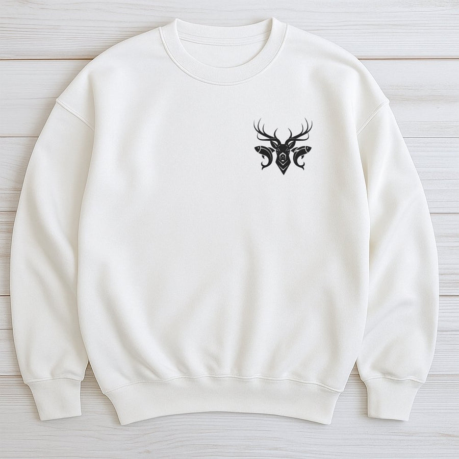 Hunting and Fishing Sweatshirt | Minimalist Deer Antler Logo Graphic | Cotton Blend Premium Crewneck | Outdoorsman Gift for Men and Women