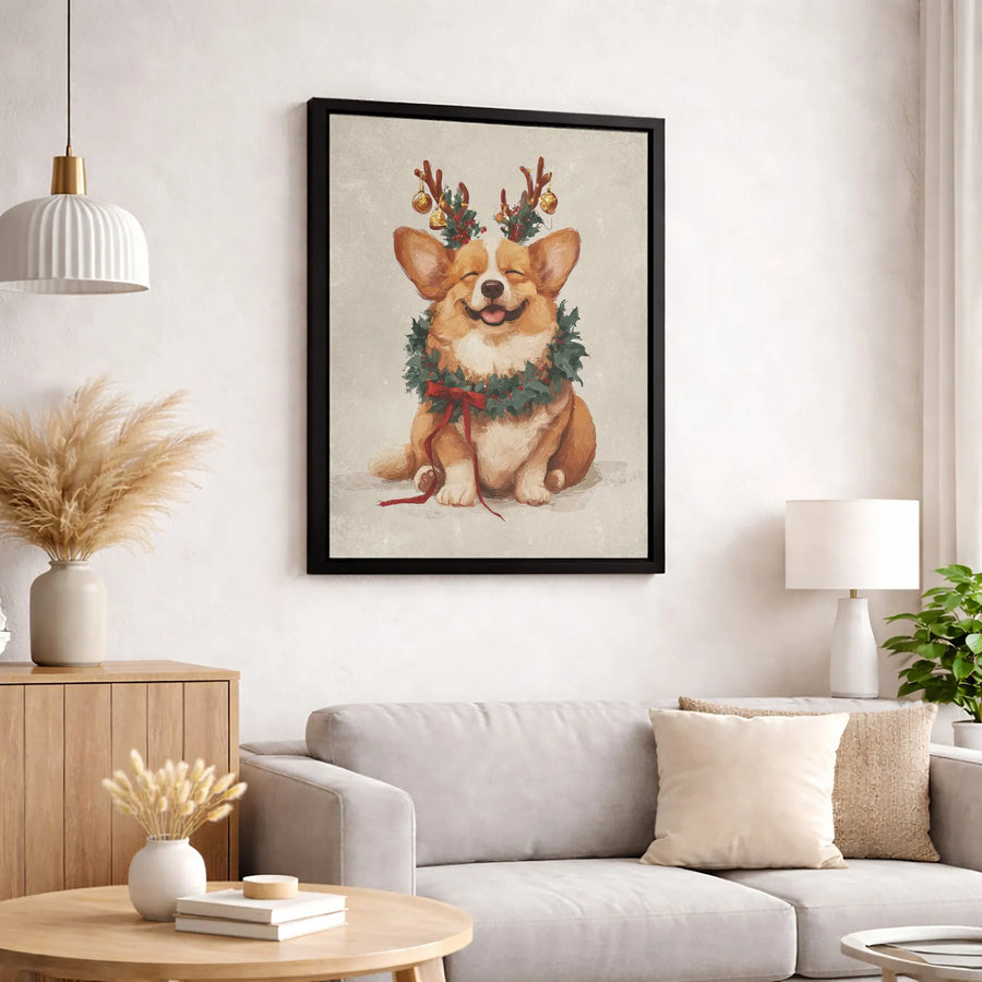 Christmas Corgi Canvas Wall Art | Smiling Puppy With Reindeer Antlers & Wreath | Gallery-Quality Premium Print | Festive Holiday Decor Gift