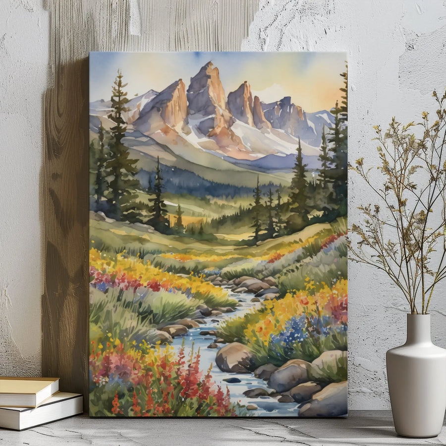 Watercolor Mountain Landscape Canvas | Wildflower Meadow Stream Art | 1.25 Inch Gallery Wrap | Premium Nature Wall Decor Gift