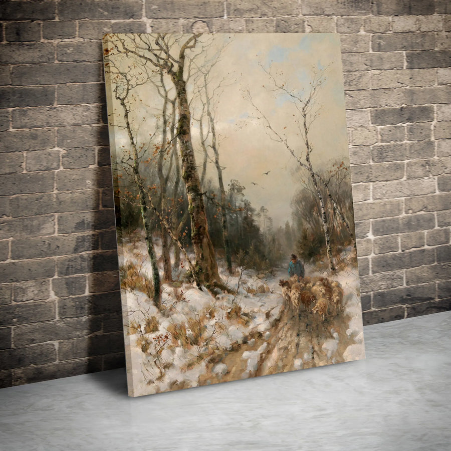 Winter Forest Shepherd Painting Canvas | Vintage Landscape Art Print | Premium 1.25" Gallery Wrap | Farmhouse Home Decor Wall Art