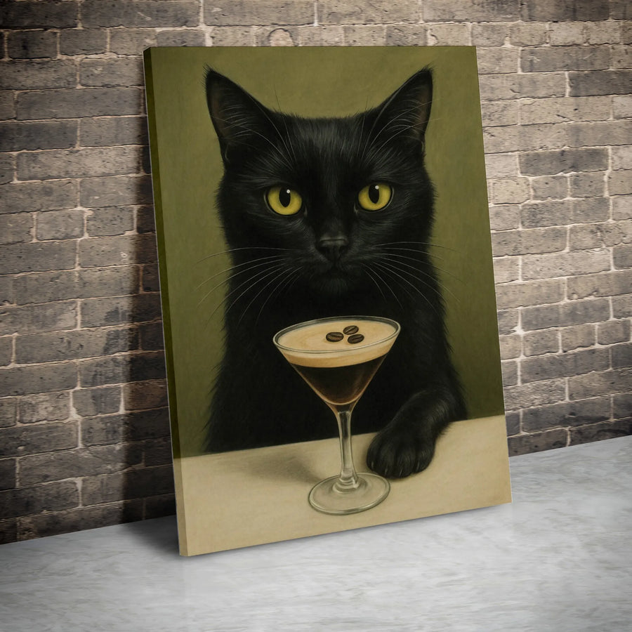 Black Cat Espresso Martini Canvas Print | Whimsical Kitchen Wall Art | Premium 1.25 Inch Gallery Wrap | Unique Gift for Coffee and Cat Lovers