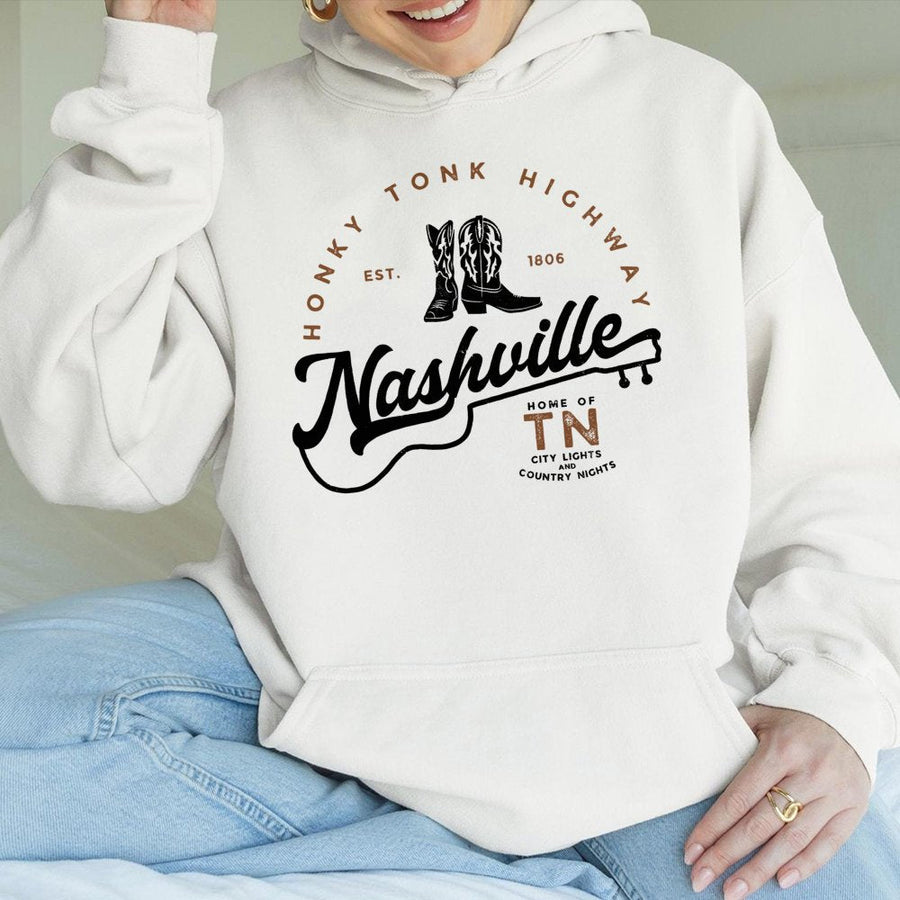 Nashville Honky Tonk Highway Hoodie | Country Music Western Graphic Print | Soft Cotton-Polyester Blend | Trendy Souvenir Gift for Country Music Fans