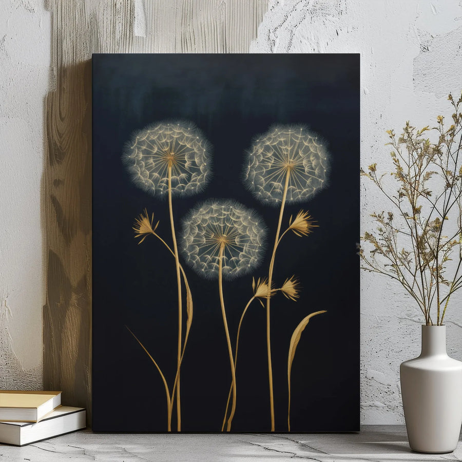 Golden Dandelion Canvas Wall Art | Dark Botanical Floral Print | 1.25 Inch Gallery Wrap | Modern Minimalist Home Decor Gift