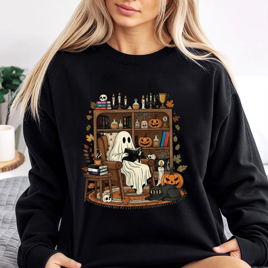 Cozy Ghost Reading Sweatshirt | Spooky Bookshelf Fall Graphic | Premium Cotton Blend | Bookish Halloween Gift for Readers