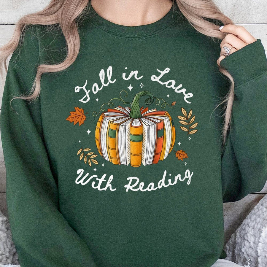 Fall in Love with Reading Sweatshirt | Book Lover Pumpkin Graphic | Premium Cotton Blend Cozy Crewneck | Unique Librarian Teacher Gift
