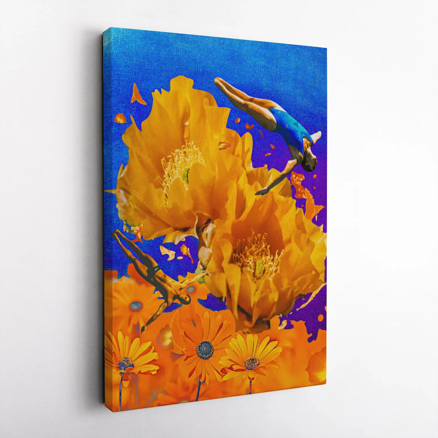 Surreal Diving Swimmers Canvas Print | Giant Yellow Floral Collage Art | Premium Gallery Wrap Decor | Modern Statement Wall Art