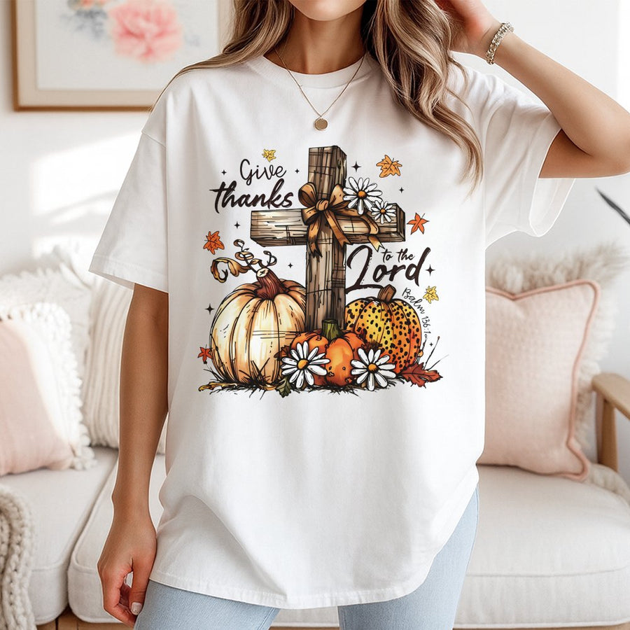 Give Thanks To The Lord T-Shirt | Fall Pumpkin Floral Cross Graphic | 100% Cotton Premium Tee | Christian Autumn Faith Gift for Women