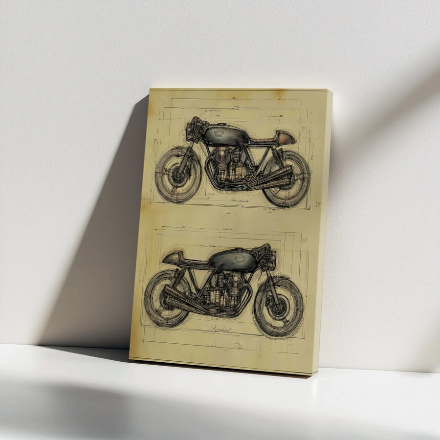 Vintage Motorcycle Canvas Wall Art | Cafe Racer Blueprint Technical Art | Premium Gallery Wrap Canvas | Man Cave & Garage Decor