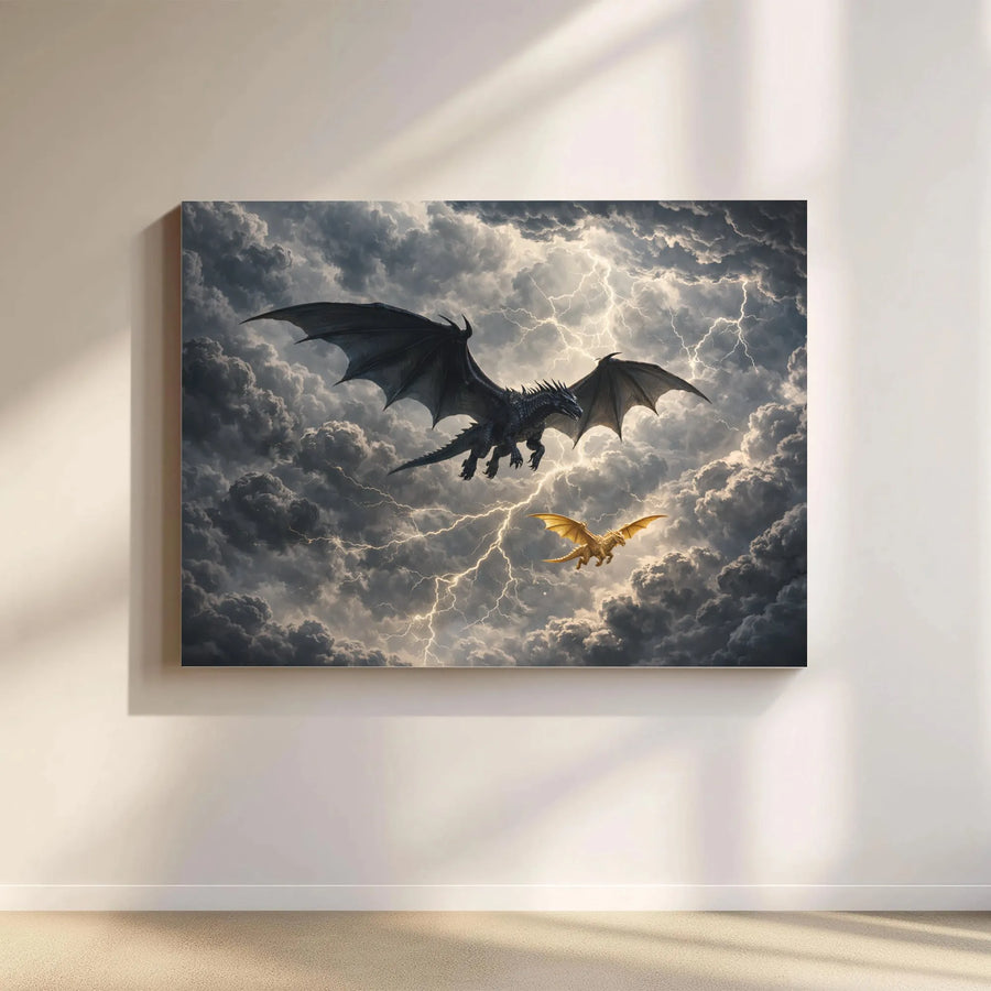 Epic Dragon Canvas Wall Art | Black and Gold Dragons in Lightning Storm | Premium Gallery Wrapped Canvas | Gift for Fantasy Lover, Gamer Room Decor