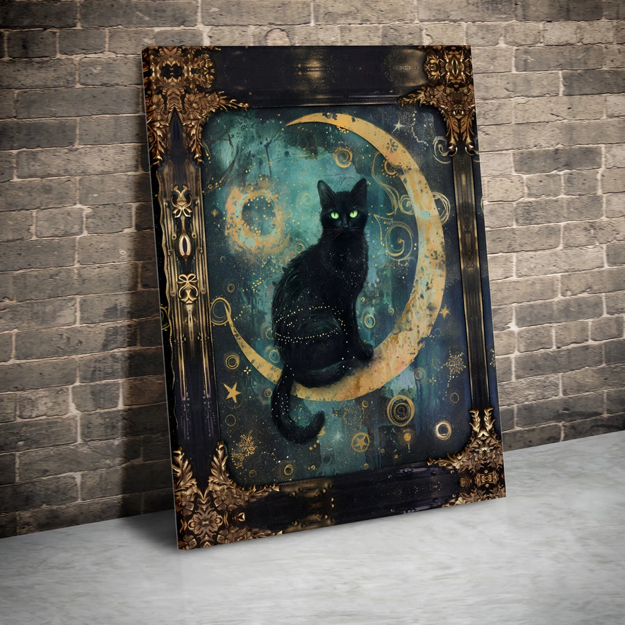 Black Cat Wall Art | Celestial Moon Witchy Decor | Gallery Wrapped Premium Canvas | Mystical Gothic Home Gift for Cat Lovers