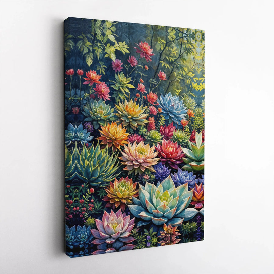 Vibrant Succulent Garden Canvas Wall Art | Colorful Botanical Painting Print | Premium Gallery Wrapped Canvas | Botanical Art for Living Room Decor
