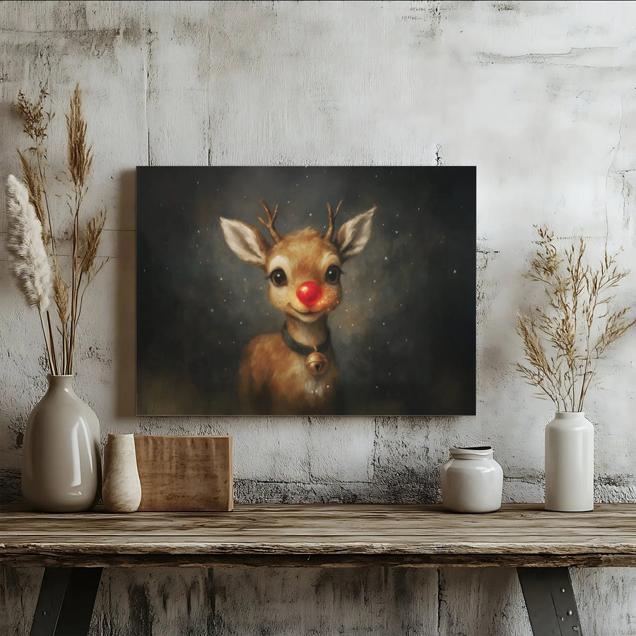 Red Nosed Reindeer Wall Art | Glowing Nose Christmas Canvas Print | Premium Gallery Wrap Decor | Holiday Gift for Kids and Home