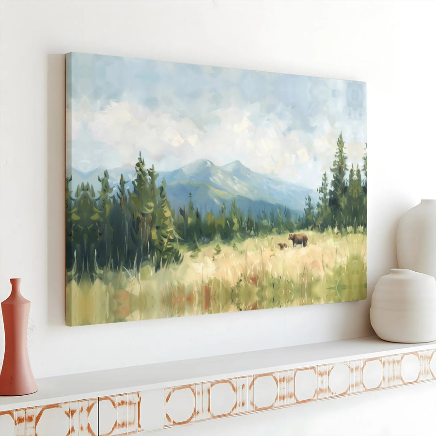 Bear and Cub Canvas Wall Art | Impressionist Mountain Landscape | Premium Gallery Canvas Print | Rustic Cabin Decor Gift