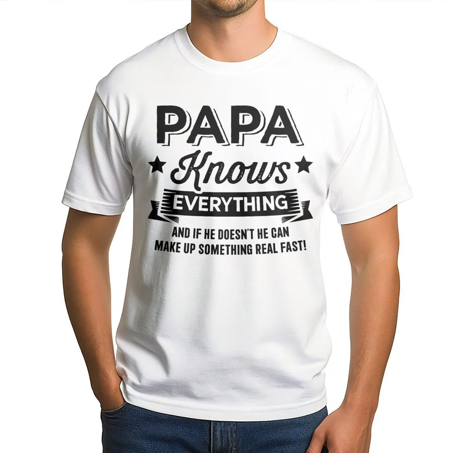 Papa Knows Everything T-Shirt | Funny Dad Joke Graphic Tee | Premium Cotton Soft Crew Neck | Best Gift For Dad, Grandpa, Father's Day 2026 Birthday