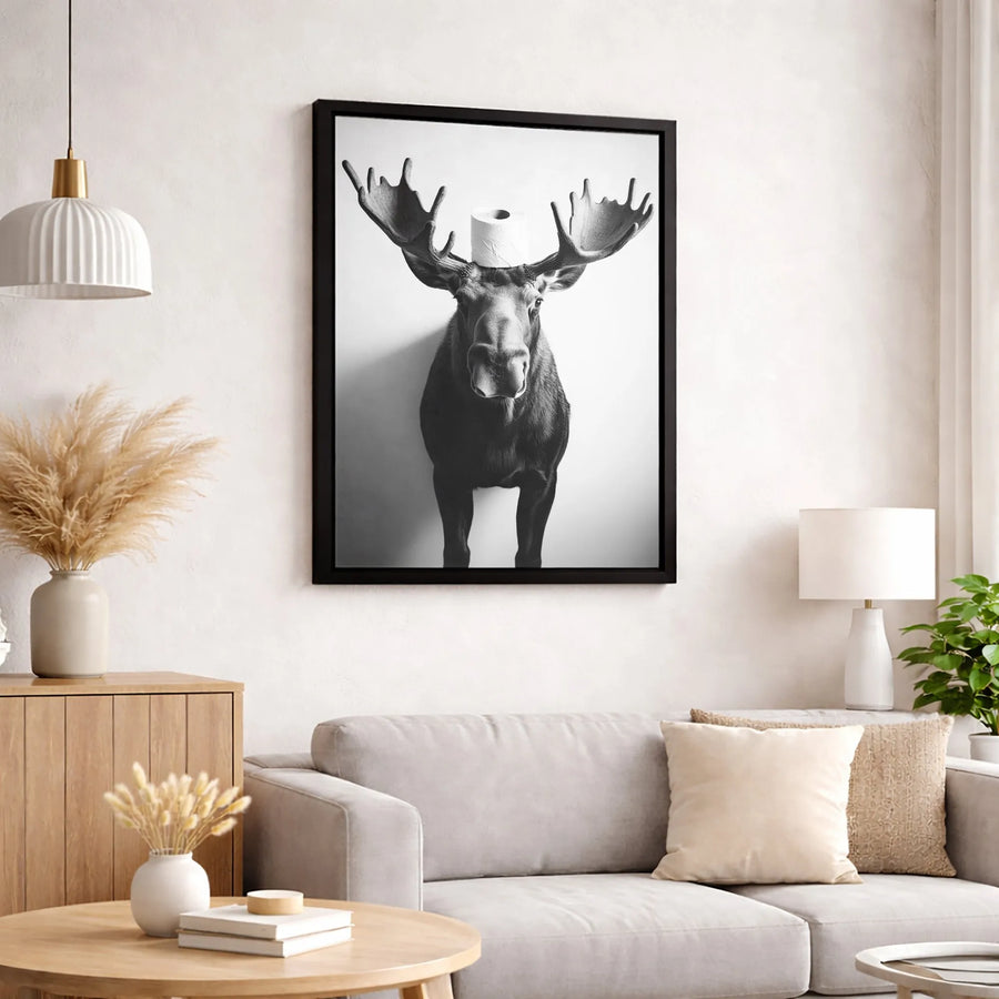 Moose With Toilet Paper Wall Art | Funny Bathroom Decor Print | Premium 1.25-Inch Gallery Canvas | Humorous Farmhouse Gift for Men
