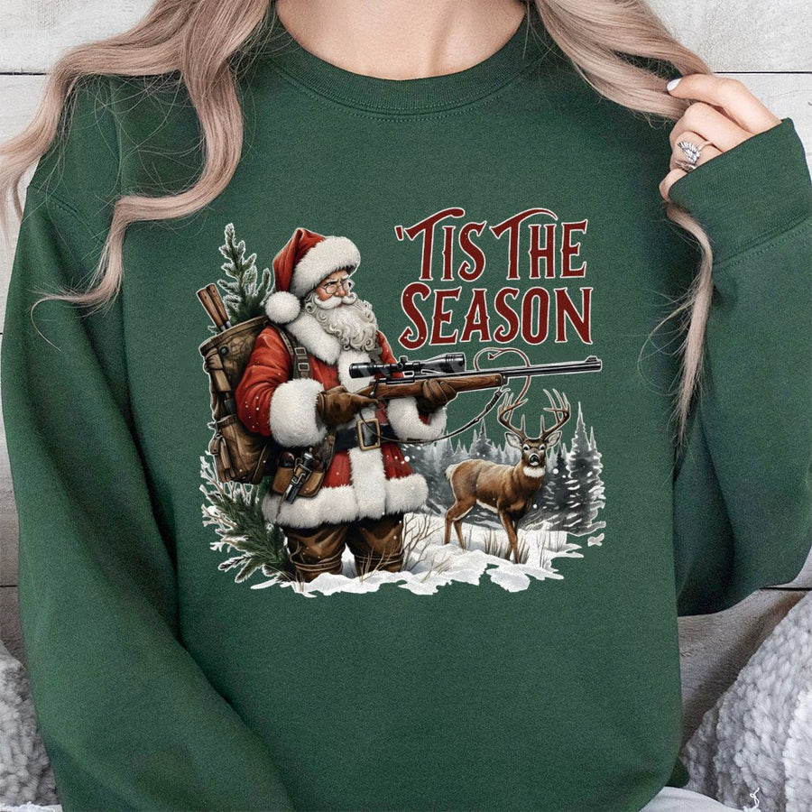 Tis The Season Sweatshirt | Santa Deer Hunting Graphic | Cotton-Poly Premium Blend | Funny Christmas Gift For Hunters And Outdoor Lovers