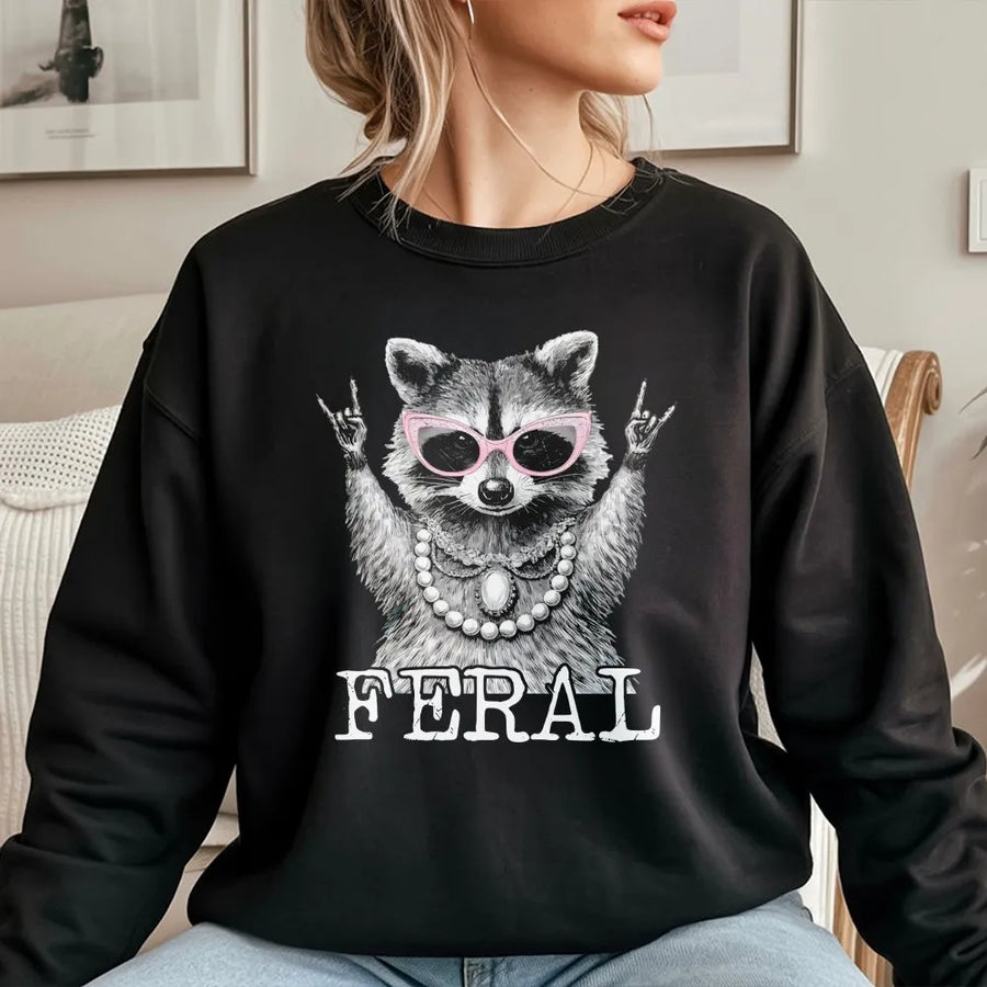 Feral Raccoon Hoodie Sweatshirt | Funny Animal Graphic with Pink Sunglasses | Premium Cotton Blend | Humorous Gift for Women and Moms