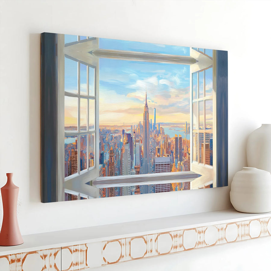 New York City Skyline Canvas Print | Faux Window View Painting | Premium Gallery Wrap | Living Room & Office Wall Decor Gift