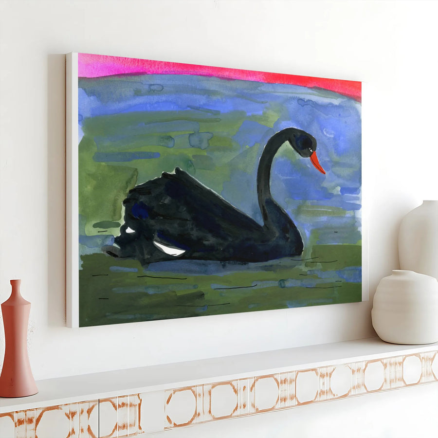 Black Swan Canvas Wall Art | Abstract Watercolor Bird Painting | Premium Fade-Resistant Print | Modern Living Room Decor Gift