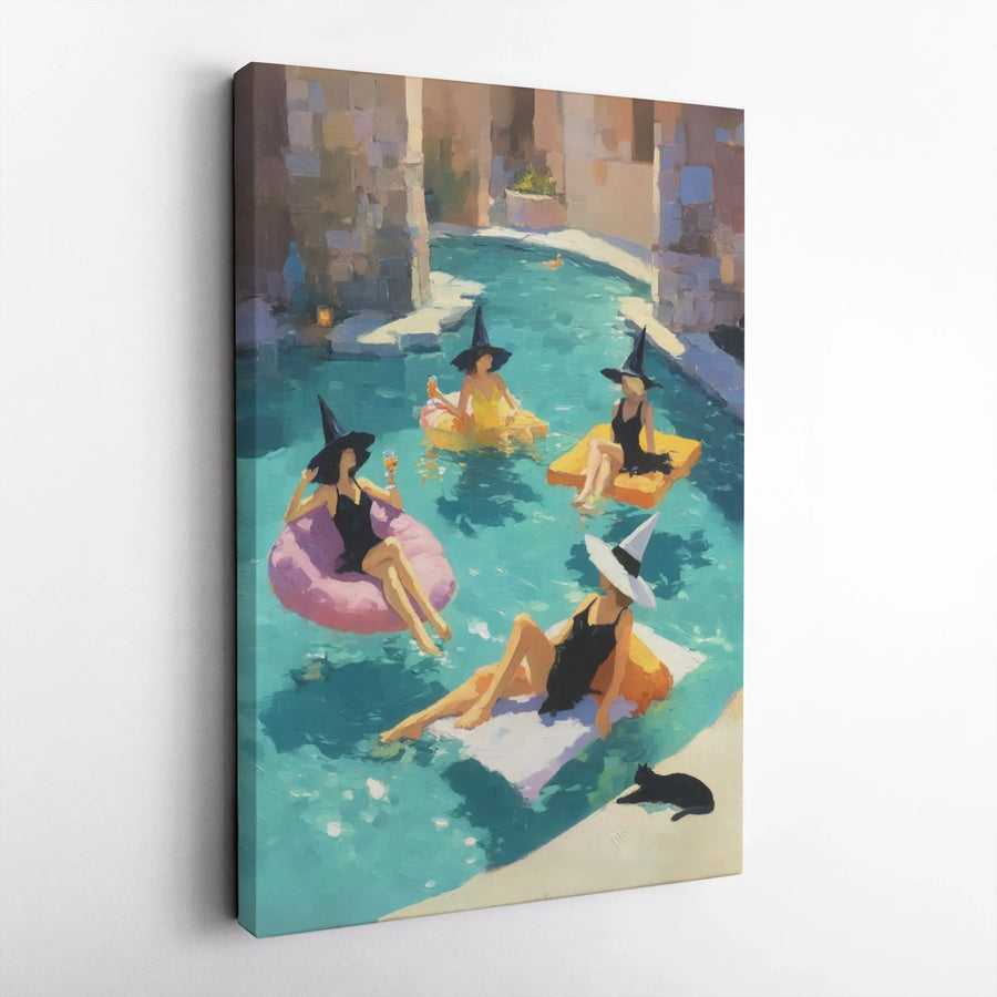 Witchy Pool Party Canvas Wall Art | Modern Coven Painting Print | Premium 1.25" Thick Gallery Wrap | Spooky Chic Home Decor Gift