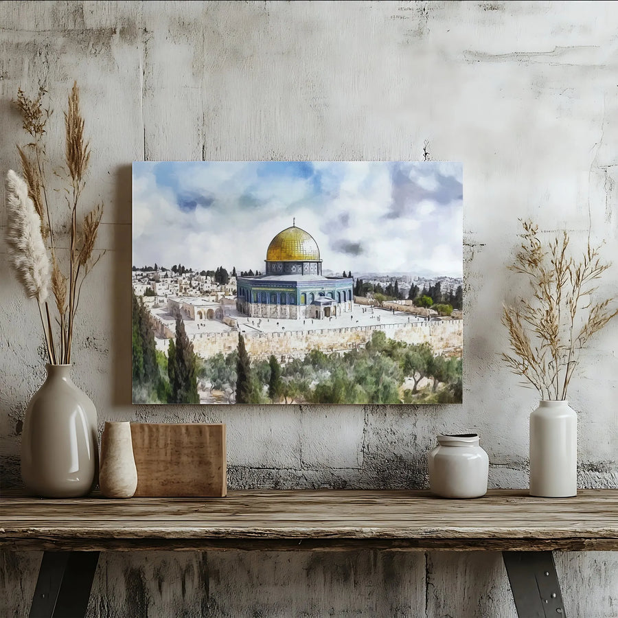 Dome Of The Rock Canvas Print | Jerusalem Watercolor Landmark Art | Premium Gallery Wrapped Wall Decor | Holy Land Gift For Home Or Office