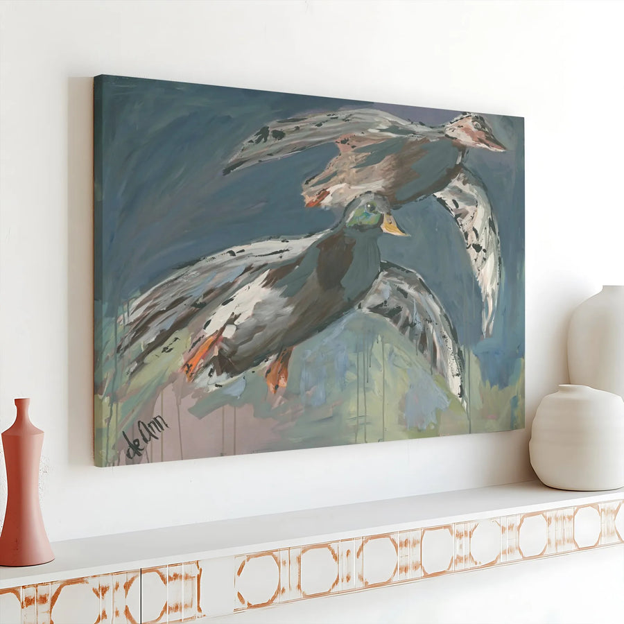 Flying Ducks Canvas Wall Art | Modern Impressionist Mallard Painting | Premium 1.25" Thick Gallery Canvas | Gift for Hunter, Rustic Cabin Decor