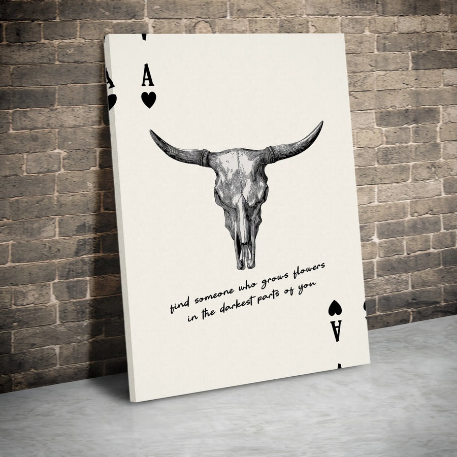 Bull Skull Ace Card Canvas Print | Western Gothic Decor with Inspirational Quote | Premium Fade-Resistant Wall Art | Unique Romantic Gift for Him or Her
