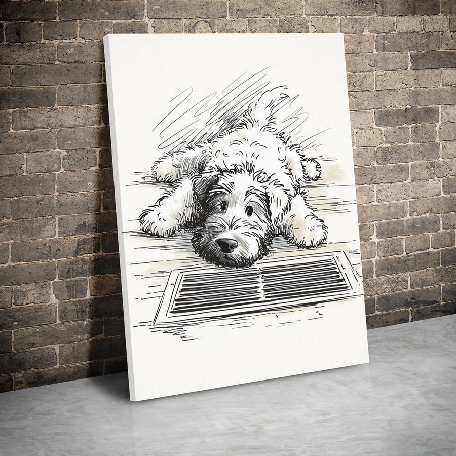Shaggy Dog Sketch Wall Art | Cozy Puppy Illustration by Floor Vent | 1.25 Inch Gallery Wrap Canvas | Premium Pet Lover Gift Home Decor