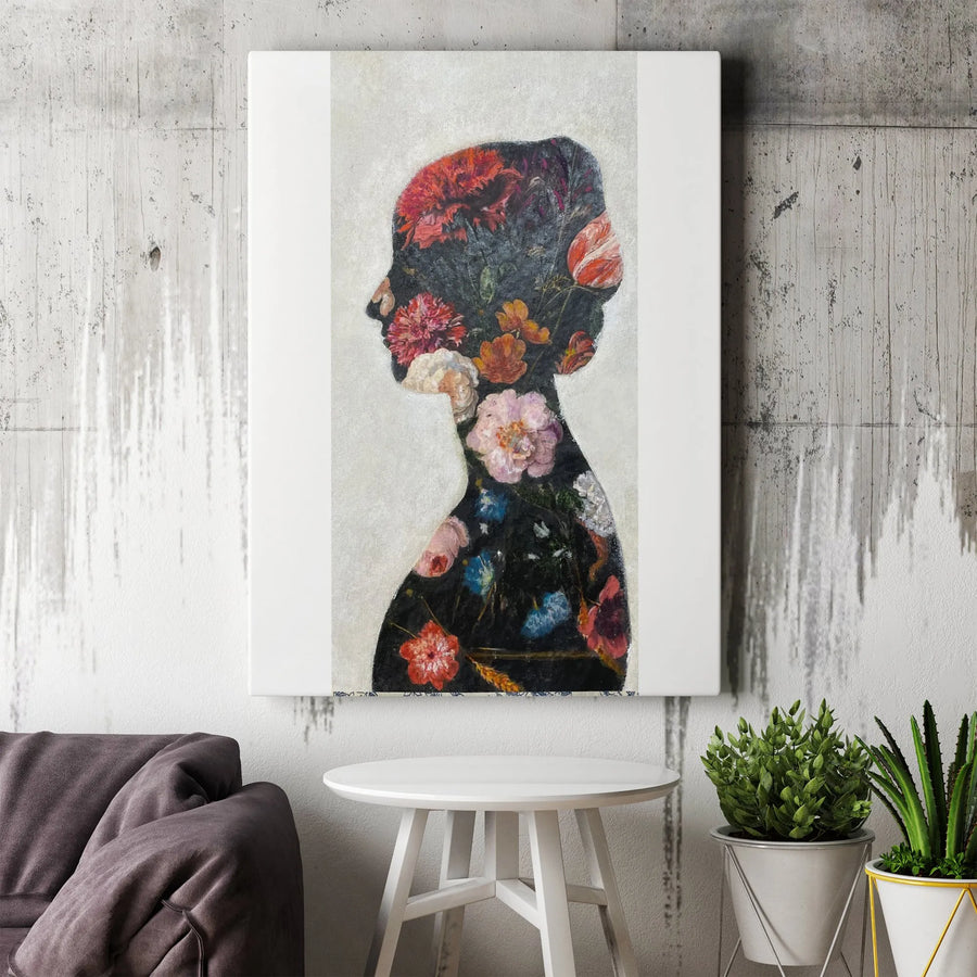 Floral Woman Silhouette Canvas Wall Art | Vintage Dutch Flower Painting Style | Premium Gallery Wrapped Canvas | Abstract Botanical Art Gift for Her