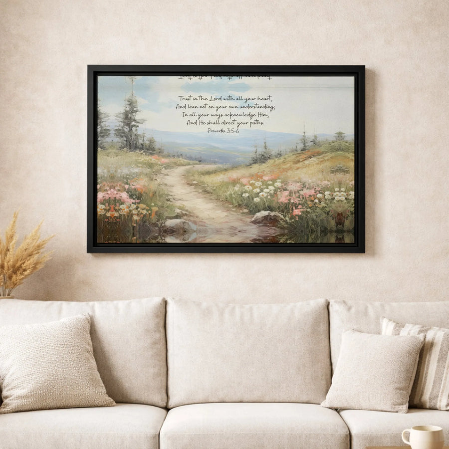 Proverbs 3:5-6 Bible Verse Canvas Wall Art | Wildflower Path Landscape Painting | Premium Gallery Wrap Print | Christian Home Decor Gift