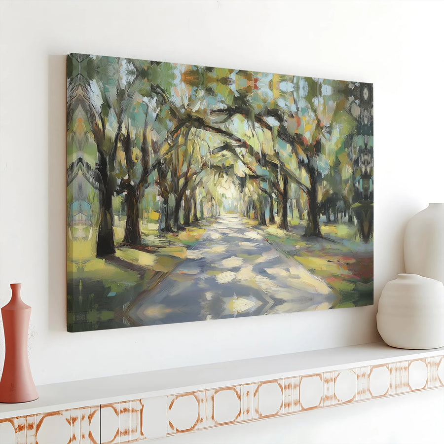 Avenue Of Oaks Canvas Art | Impressionist Tree-Lined Road Wall Decor | Premium Gallery Wrap Print | Nature Inspired Home Office Gift